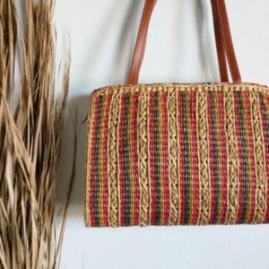 Vintage Boho Straw Woven Rainbow Tote Shoulder Bag